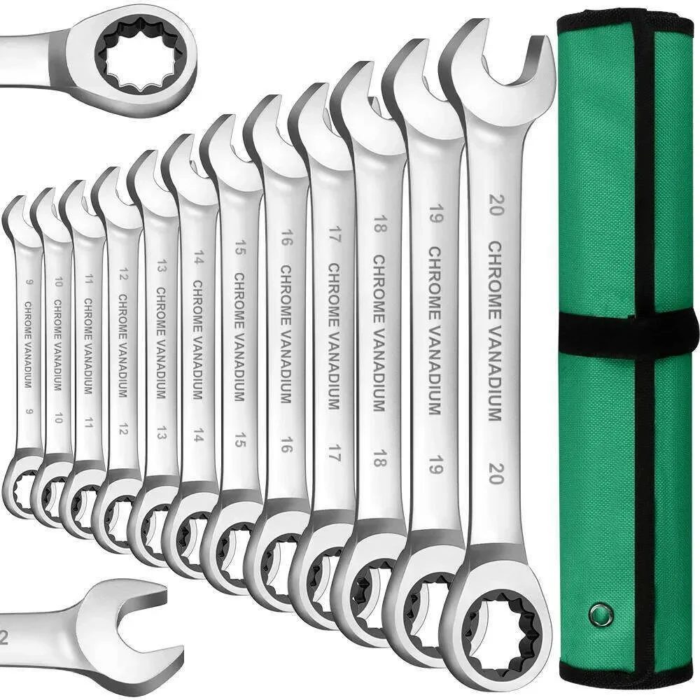 12-Piece Metric Ratcheting Combination Wrench Set, 9–20 mm, with Roll-Up Pouch